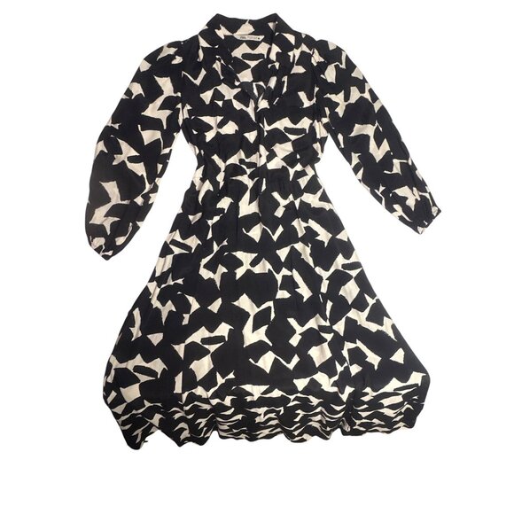 Zara Midi Dress Black & Cream Abstract Print Viscose Button Front Long Sleeve S - Picture 11 of 12
